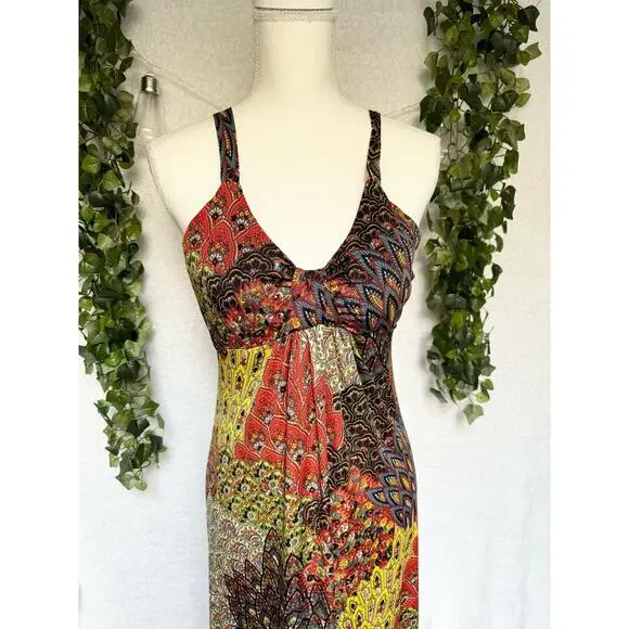 Raindrops by Papillon Black Orange Peacock Maxi Dress Women's Small - Picture 4 of 12